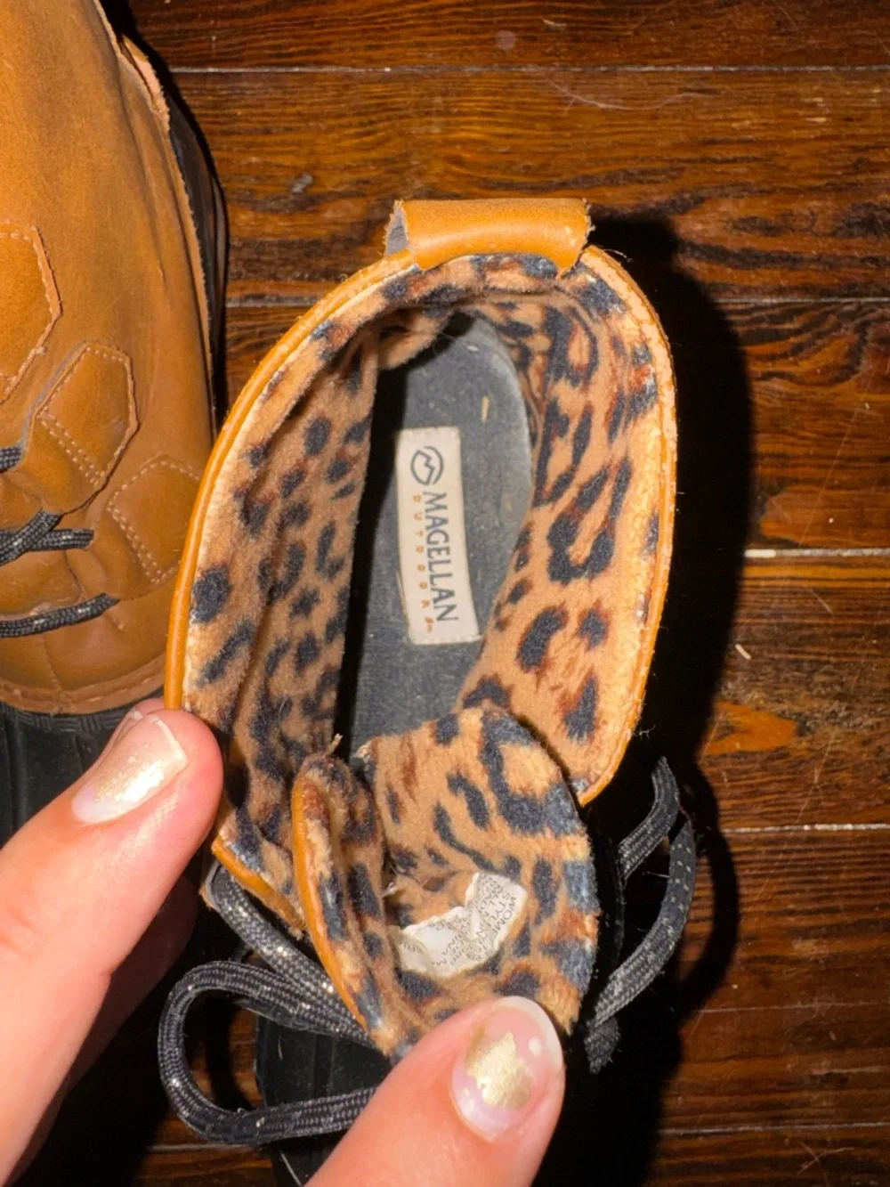 Magellan Outdoors Brown and Black Duck Boots with Leopard Lining